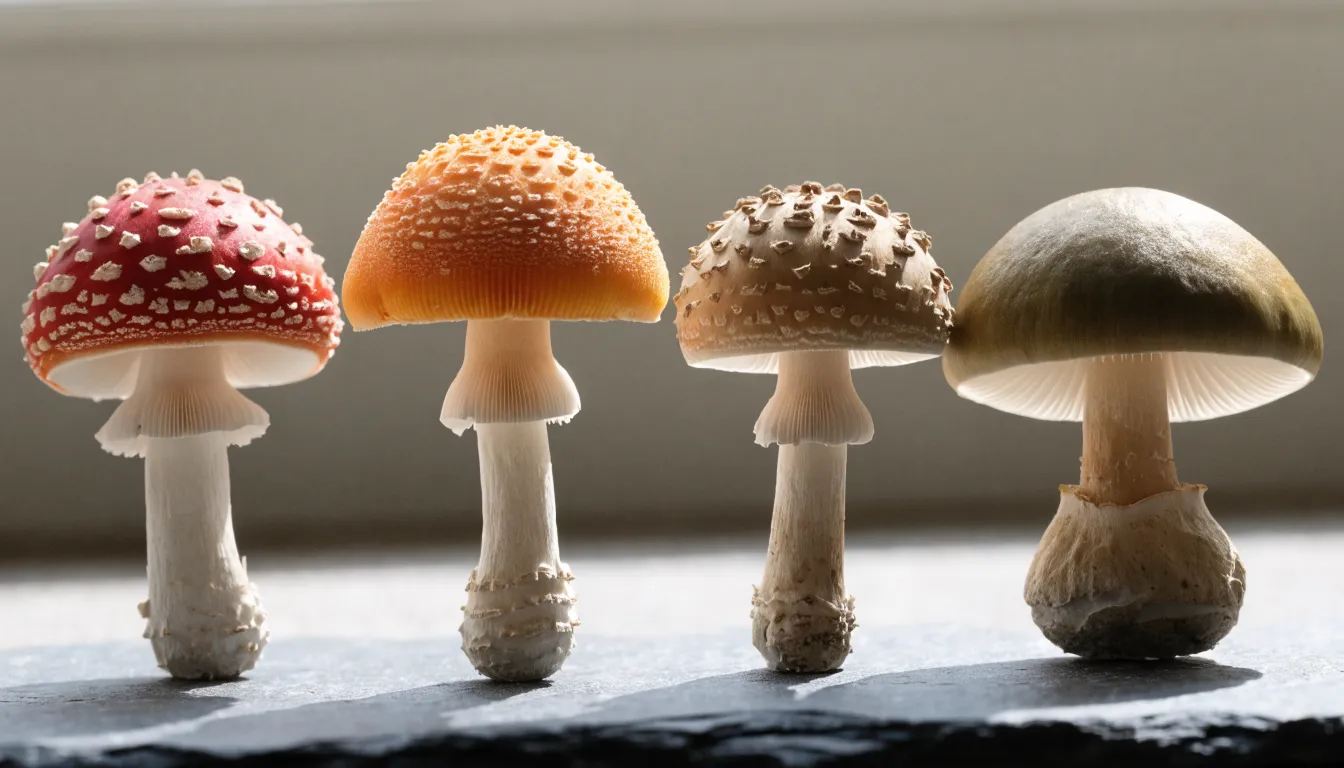Four Amanita species side by side — red fly agaric, an orange-yellow variant, brown panther cap and olive-green death cap with its sac-like volva