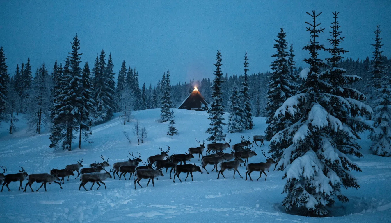 Reindeer herd crossing snow at dusk beside a conical hide tent in the Siberian taiga, the landscape of fly agaric ritual history
