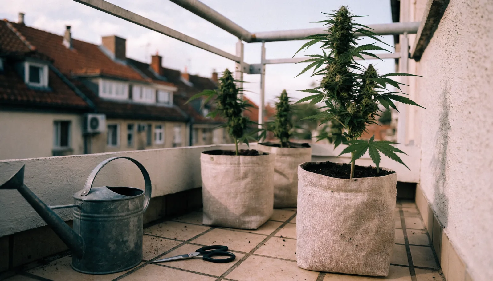 Three compact cannabis plants growing in fabric pots on a European apartment balcony