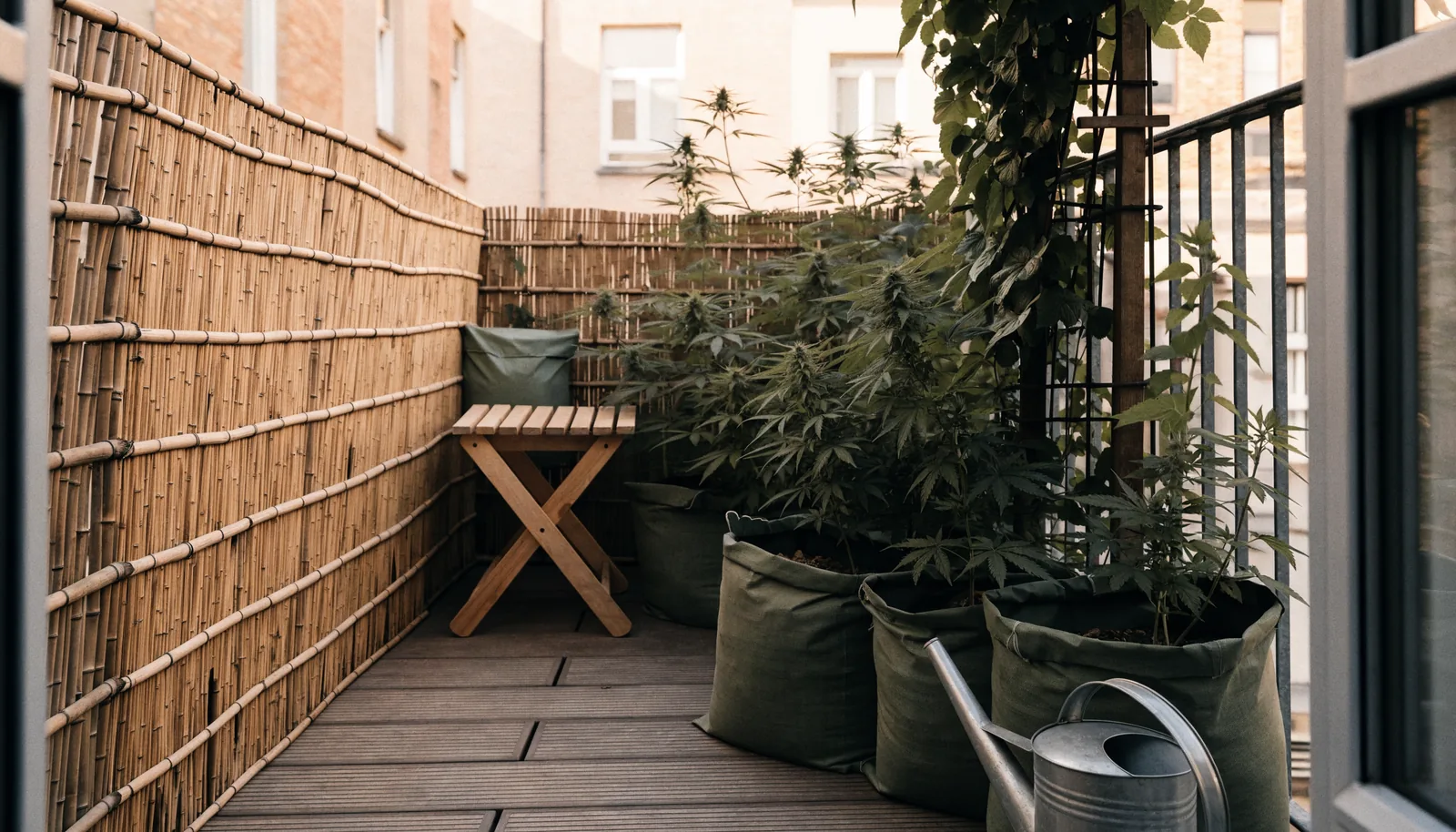 Bamboo privacy screening concealing cannabis plants in fabric pots on a narrow balcony