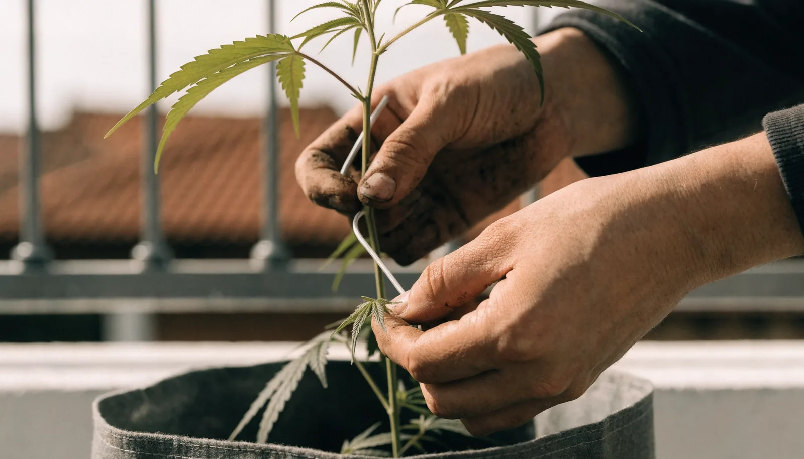 Hands tying down a cannabis branch with plant wire using low-stress training on a balcony