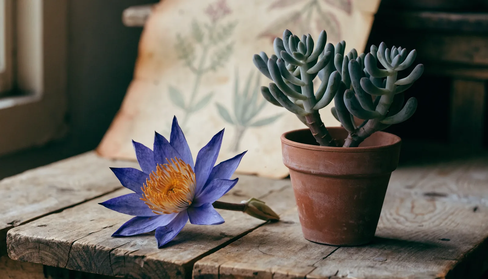 Dried blue lotus flower (Nymphaea caerulea) beside a living kanna succulent (Sceletium tortuosum)