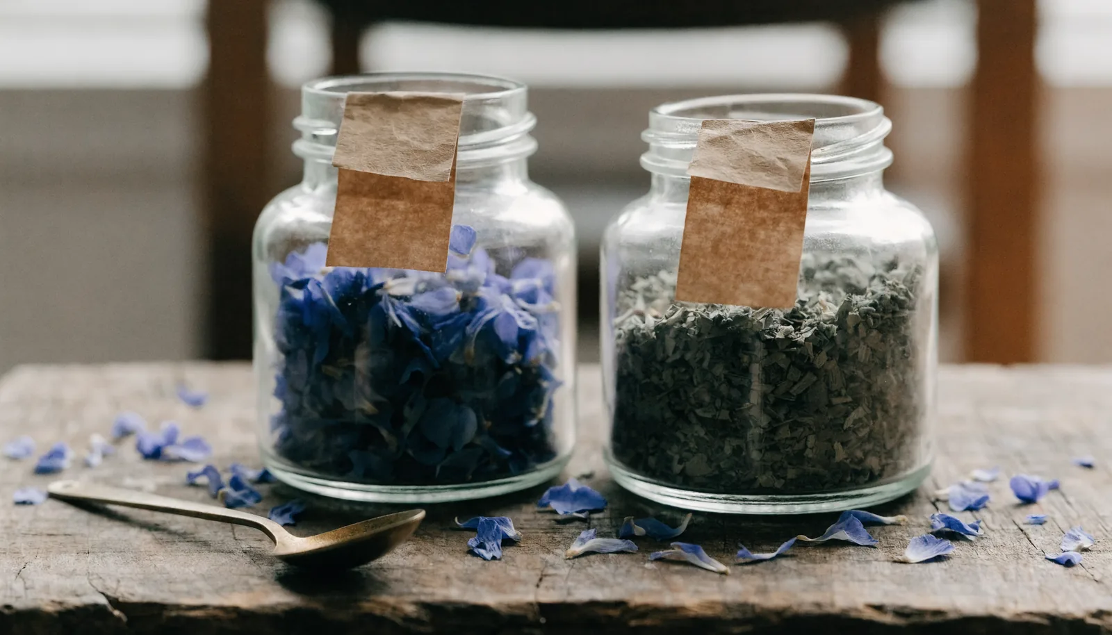 Glass apothecary jars holding dried blue lotus petals and chopped kanna plant material