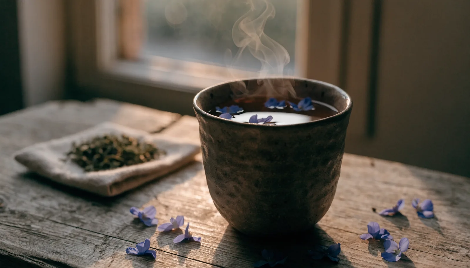 A cup of blue lotus tea with floating petals beside a pouch of dried kanna