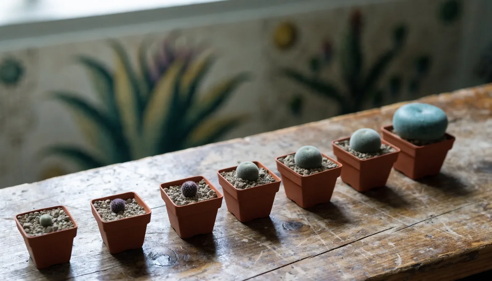 Row of peyote cactus seedlings in small square pots growing from pea-sized one-year-olds to a coin-sized button