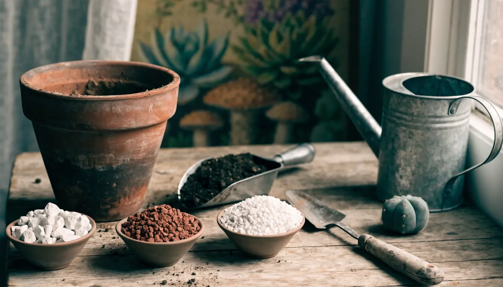 Repotting a peyote cactus with a deep terracotta pot and bowls of pumice lava grit perlite and cactus compost