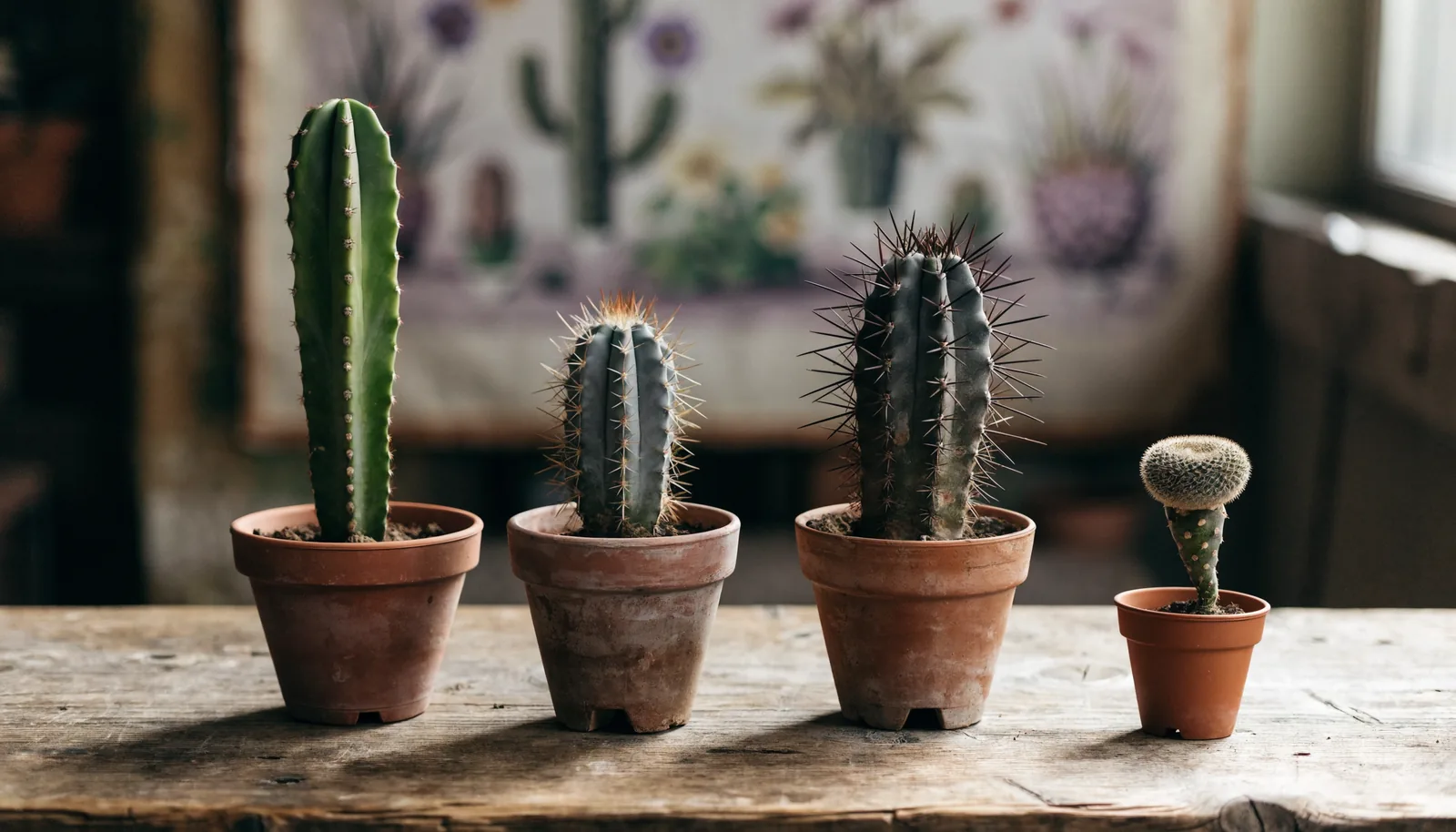 Four mescaline cacti side by side in terracotta pots: green San Pedro, blue spined Peruvian Torch, robust Bolivian Torch and a small grafted peyote button