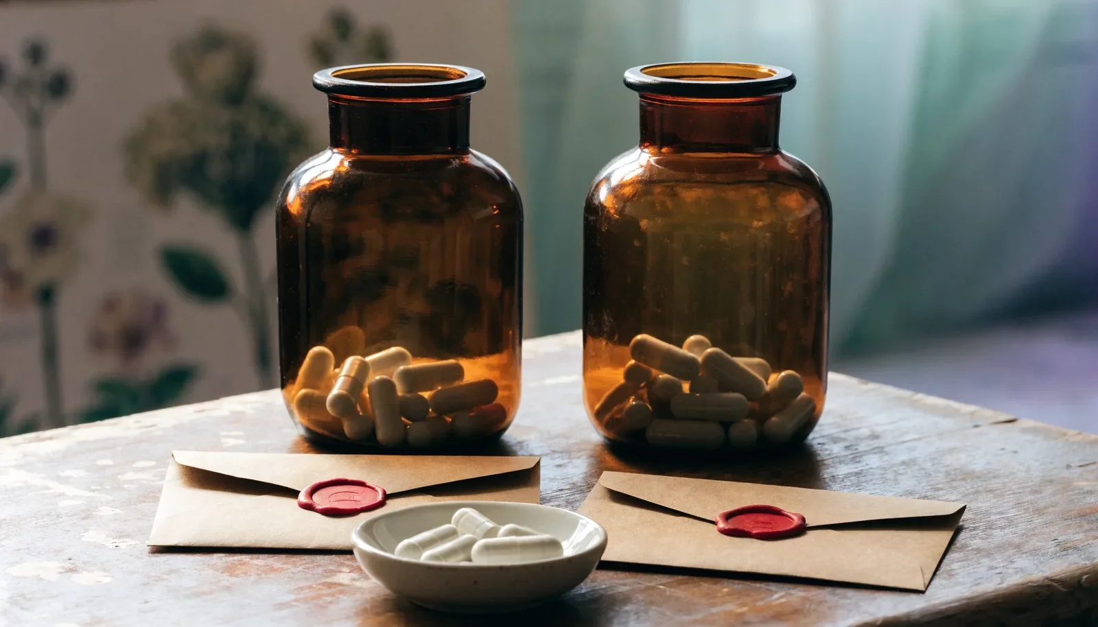 Two identical jars of identical white capsules and sealed envelopes, illustrating blinding and placebo controls in clinical trials
