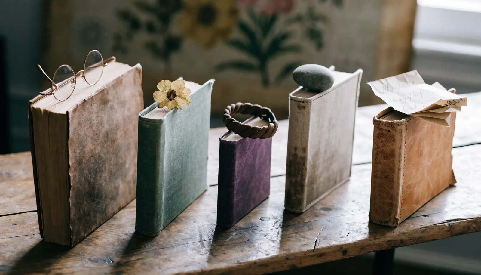 Five different journals topped with personal objects, symbolising how individual participants respond differently to the same dose