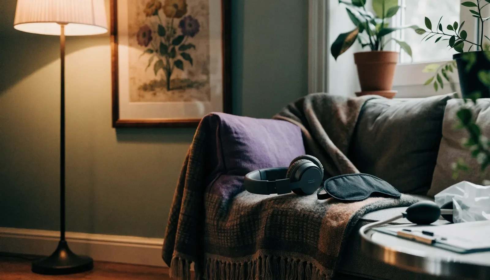 Living-room style research session room with couch, headphones and eye mask, showing how study environments shape results