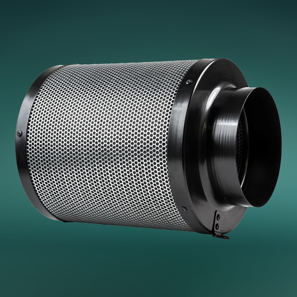 100mm carbon filter for grow tent odor control on white background.